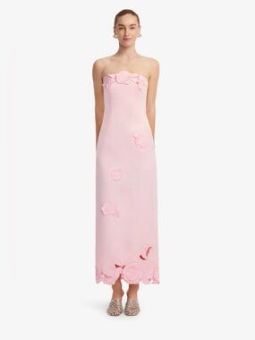 LEO LIN Rayna Blush Pink Rose Appliqué Cutout Strapless Column Maxi Dress